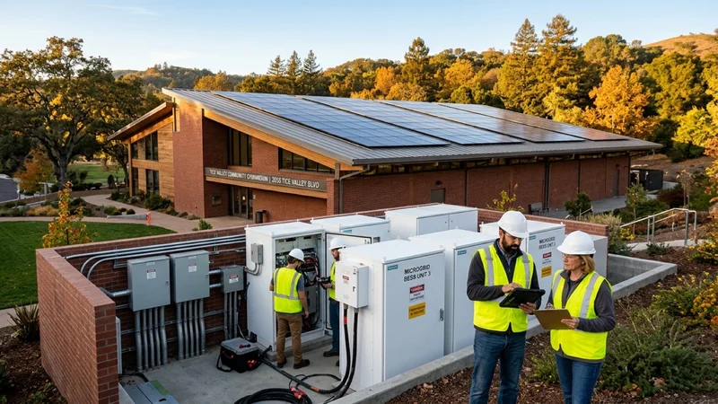 Municipal electrical engineers inspecting white modular lithium battery enclosures and rooftop solar arrays outside the brick-and-timber Tice Valley Community Gymnasium in Walnut Creek