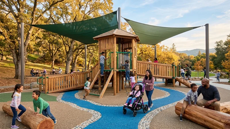 Families and children playing on a redwood woodland-themed inclusive playground with a blue creek-patterned poured rubber safety floor and green shade sails among oak trees at Larkey Park in Walnut Creek
