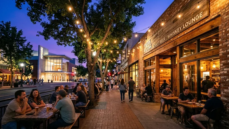 Warm neighborhood taproom exterior at dusk alongside the illuminated Lesher Center for the Arts in Walnut Creek, California