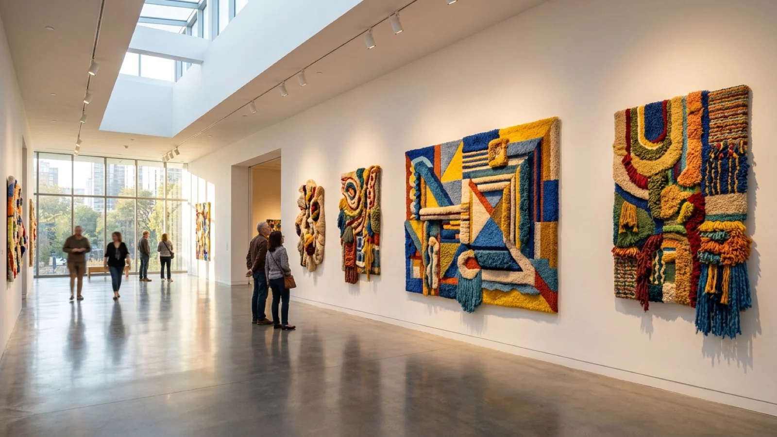 Hand-tufted textile art installations hanging on white gallery walls inside the Bedford Gallery at the Lesher Center for the Arts in Walnut Creek