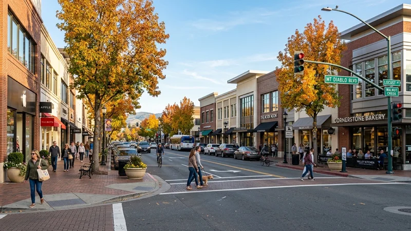 Commercial storefronts and tree-lined sidewalks along Locust Street and Mount Diablo Boulevard in downtown Walnut Creek