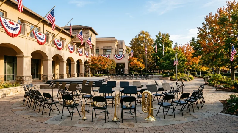 Lesher Center for the Arts plaza in Walnut Creek decorated with American flags and concert band seating for a Veterans Day ceremony
