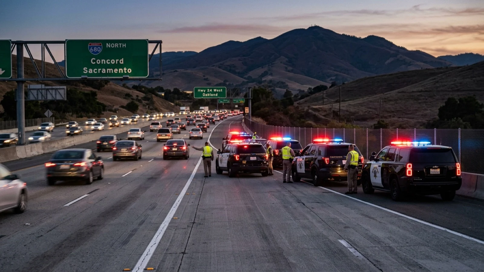 Law enforcement emergency vehicles along the Interstate 680 corridor near Concord at dusk