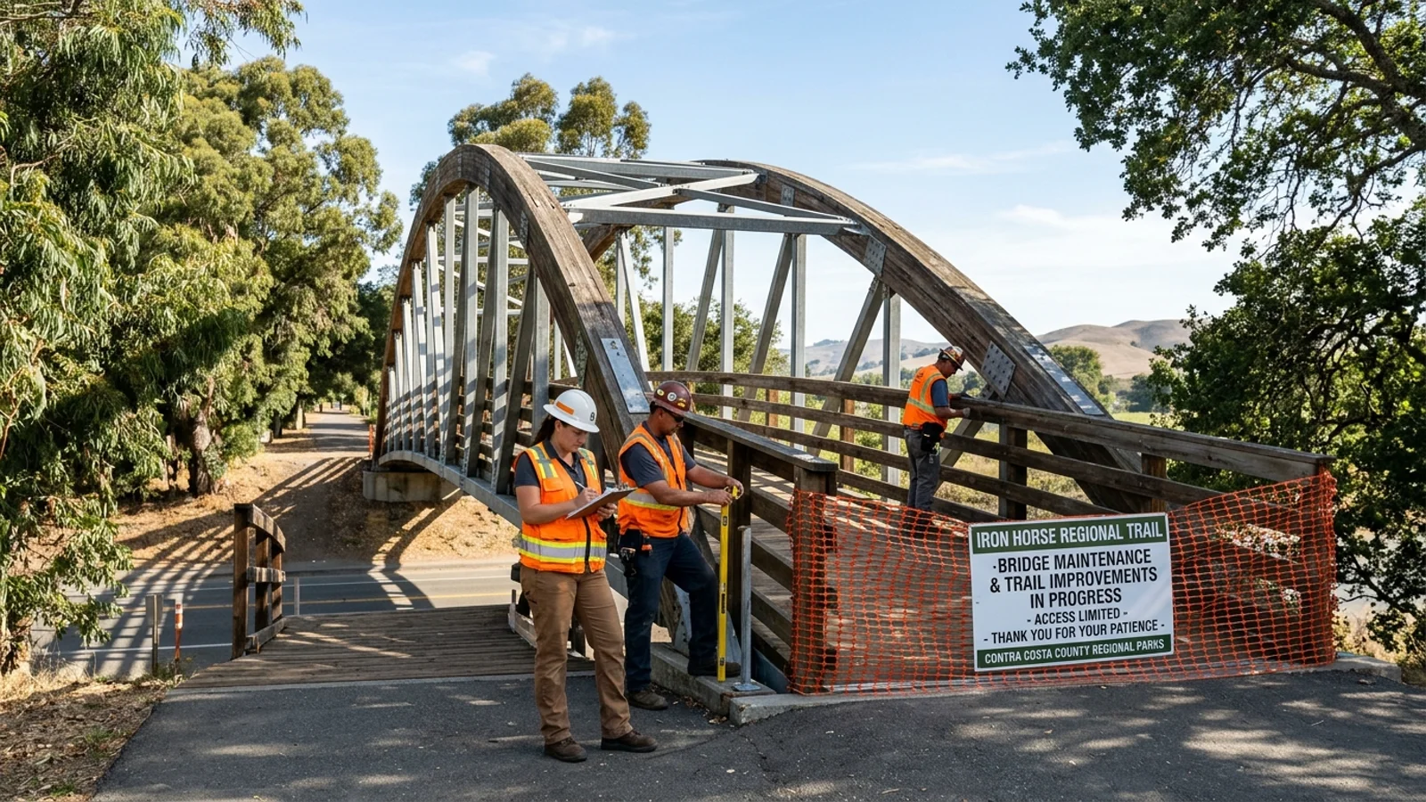 Iron Horse Regional Trail in Walnut Creek with utility crew trimming branches near power lines
