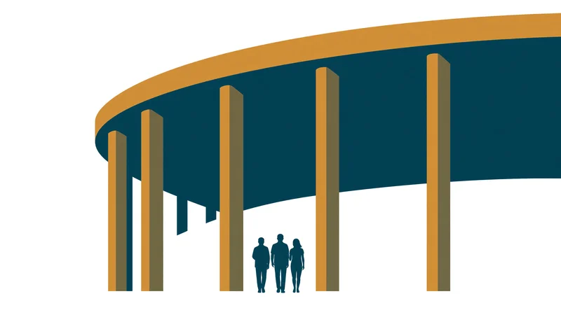 Flat-color graphic showing a curved teal roofline with ochre cylindrical columns rising from a white field and three simplified dark silhouettes standing at the base between the columns