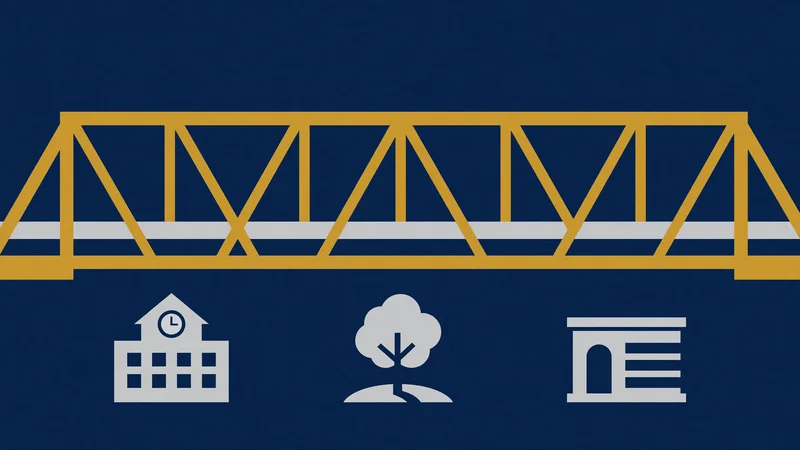 Geometric illustration of a brown steel truss bridge arching over a white winding path on a solid teal background