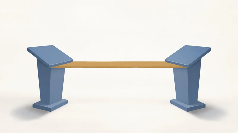 Two blue lecterns facing each other across a light background, connected by a single horizontal brown bar