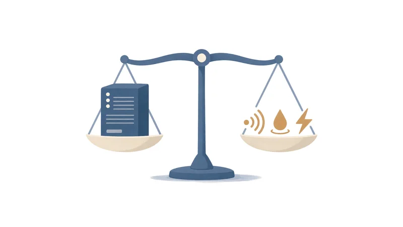 Blue balance scale with server rack on left pan and icons for wireless signal, water drop and lightning bolt on right pan, white background