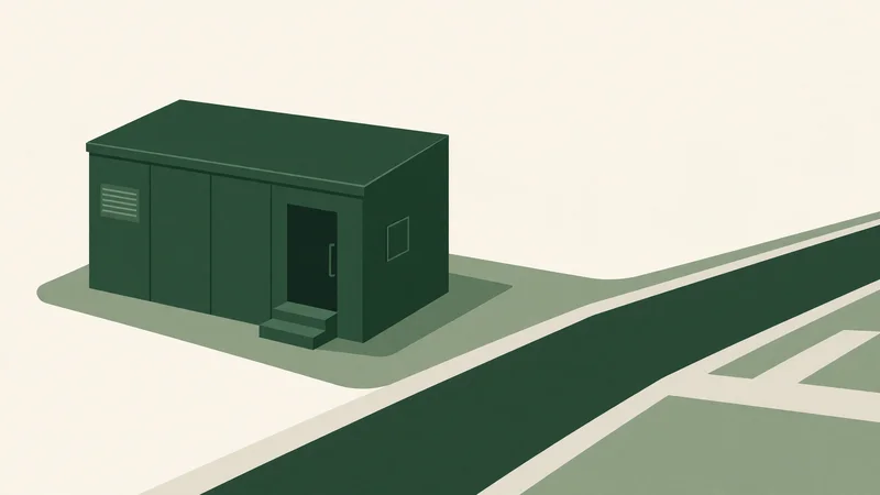 Flat green rectangular modular building with door, steps and small windows beside a curved dark green path on light beige background