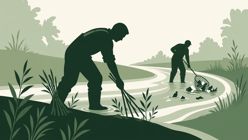 Two dark green silhouettes of volunteers in waders along a winding creek, one bending to handle willow cuttings at the water's edge and the other lifting a net of debris from the stream, with stylized bank vegetation on a light background