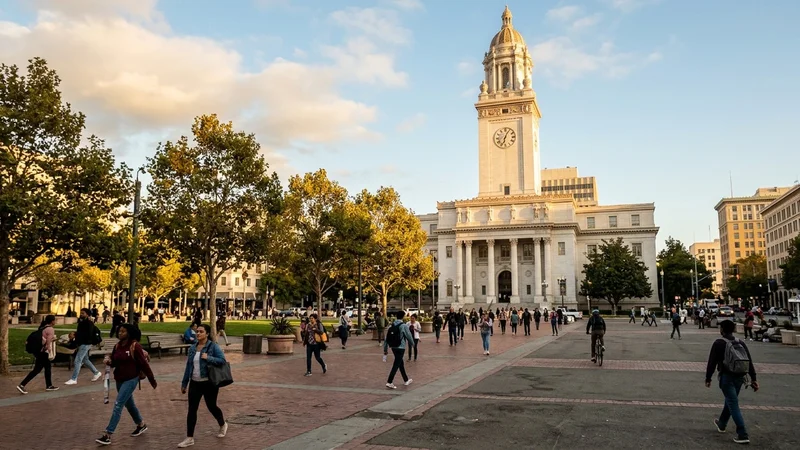 Exterior view of historic Oakland City Hall at Frank H. Ogawa Plaza in downtown Oakland, California