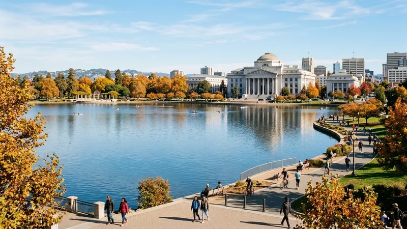 Alameda County Courthouse and Lake Merritt shoreline in Oakland reflecting in calm blue water under sunny October skies