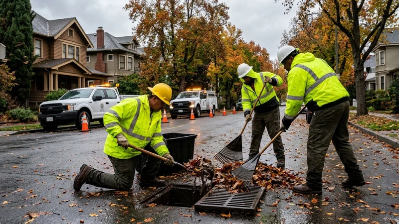 Municipal public works crew in yellow rain gear clearing autumn leaves from a street storm drain in Oakland California