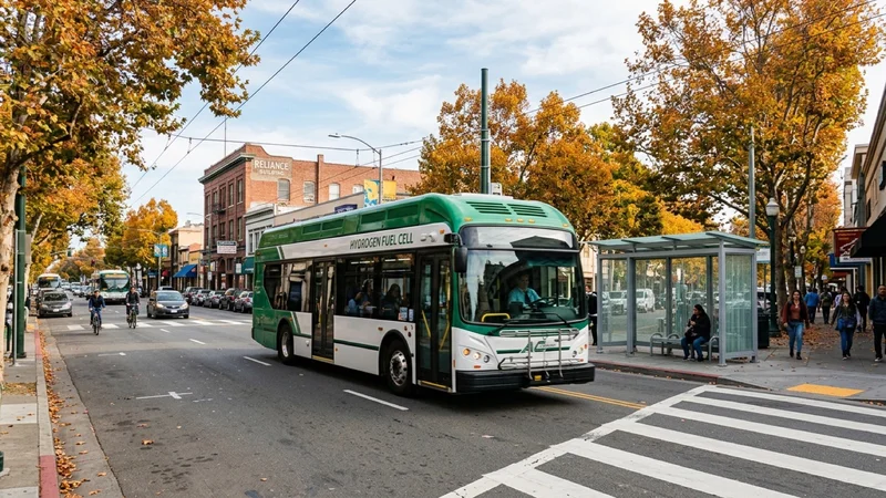 Green and white zero-emission AC Transit hydrogen fuel cell bus on tree-lined San Pablo Avenue in Berkeley California