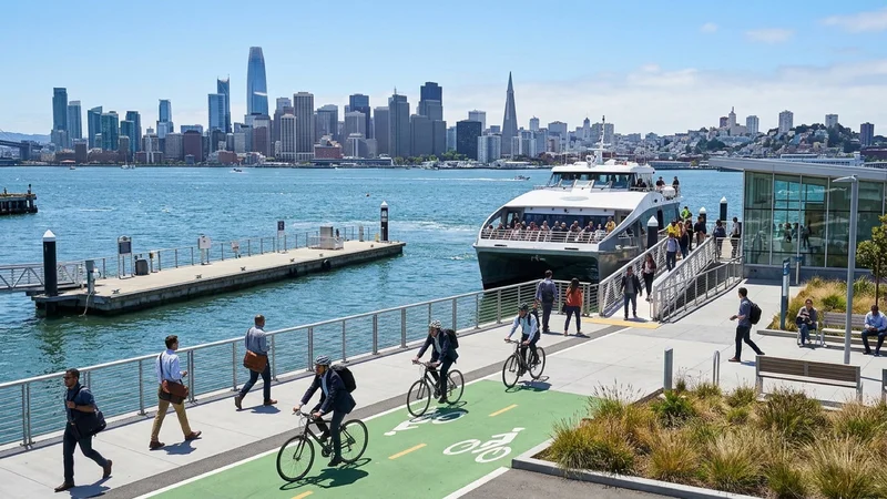 High-speed commuter catamaran ferry docked at Seaplane Lagoon Ferry Terminal in Alameda Point California with cyclists and San Francisco skyline in distance