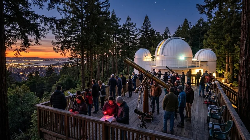 White astronomical observatory domes and outdoor telescope deck at Chabot Space and Science Center in the Oakland Hills California at twilight