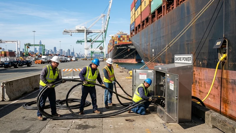 Container ship docked at the Port of Oakland connecting high-voltage shore power cables to a dockside electrical substation