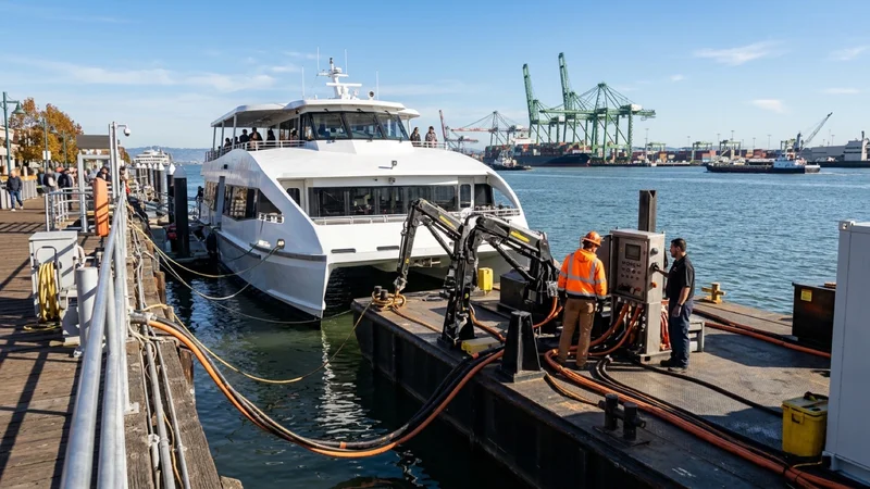 Electric harbor ferry vessel docked beside a floating high-capacity battery charging barge at the Main Street Ferry Terminal in Alameda