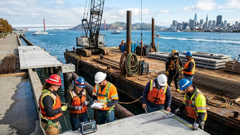 Marine structural engineers aboard a work barge inspecting precast concrete deck panels along the waterfront promenade at the Berkeley Marina
