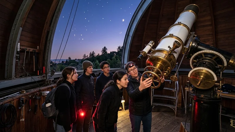 Astronomer and East Bay high school students adjusting a large brass-and-white refracting telescope beneath the open rotating dome at Chabot Space and Science Center