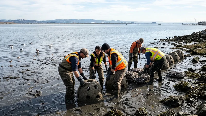Marine ecologists in waders placing perforated concrete oyster-reef habitat domes along the intertidal shoreline at the San Leandro Marina