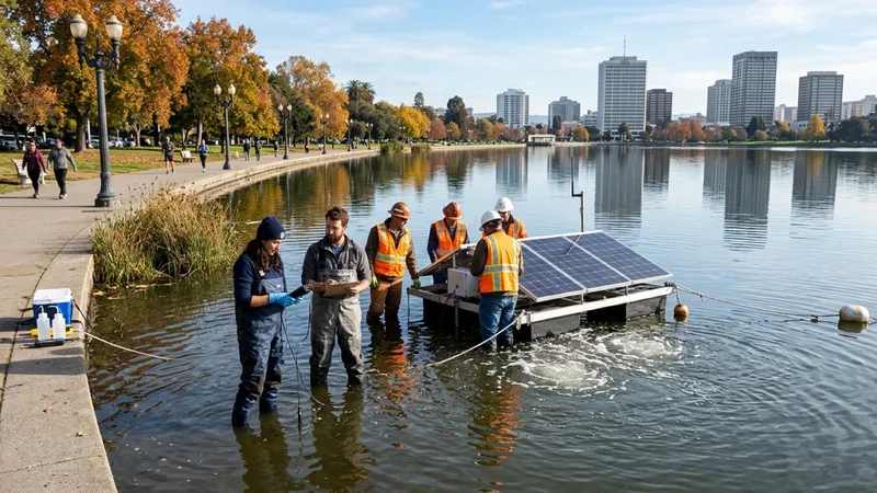 Environmental water-quality scientists and City of Oakland public works staff inspecting a solar-powered dissolved-oxygen micro-bubble aerator at Lake Merritt in Oakland