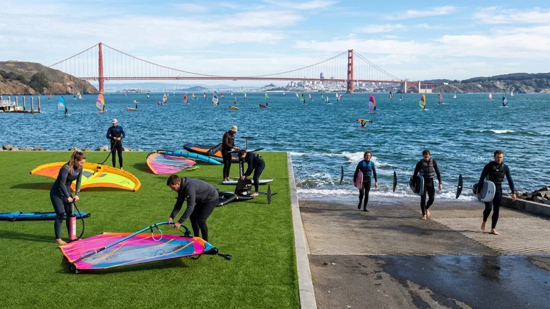 Windsurfers and wingfoilers rigging colorful sails on a newly resurfaced permeable turf lawn beside a concrete boat launch ramp at the Berkeley Marina