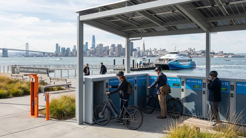 Commuters with electric bicycles using modern electronic bike lockers beneath a solar canopy at the Seaplane Lagoon Ferry Terminal in Alameda