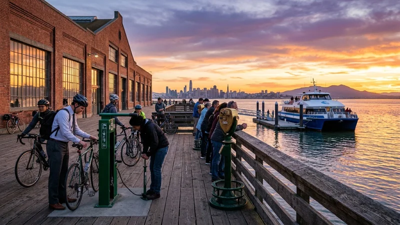 Cyclists using a sheltered Bay Trail bicycle repair stand and brass viewing telescopes on a wooden waterfront deck outside the Craneway Pavilion in Richmond at sunset