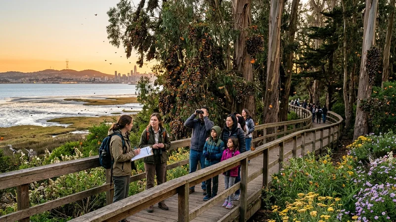 Wildlife biologists and families with binoculars walking along a raised wooden boardwalk lined with native flowers and eucalyptus trees with monarch butterflies at the San Leandro Shoreline