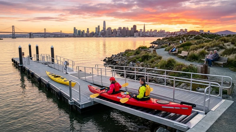 Sea kayakers launching yellow and red kayaks from a floating aluminum ADA roller-assist kayak dock beside restored coastal sand dunes at Encinal Beach in Alameda at sunset