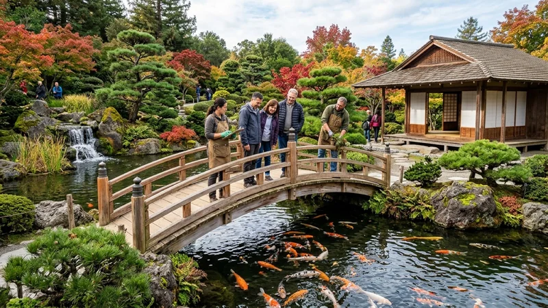 Garden curators and visitors on a traditional curved cedar footbridge watching vibrant orange and white koi fish swimming beside a wooden teahouse at the Hayward Japanese Gardens