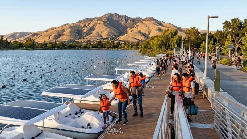 Families boarding white solar-charged electric pedal boats at a floating cedar-and-aluminum dock along a paved lakeside promenade overlooking Lake Elizabeth and Mission Peak in Fremont