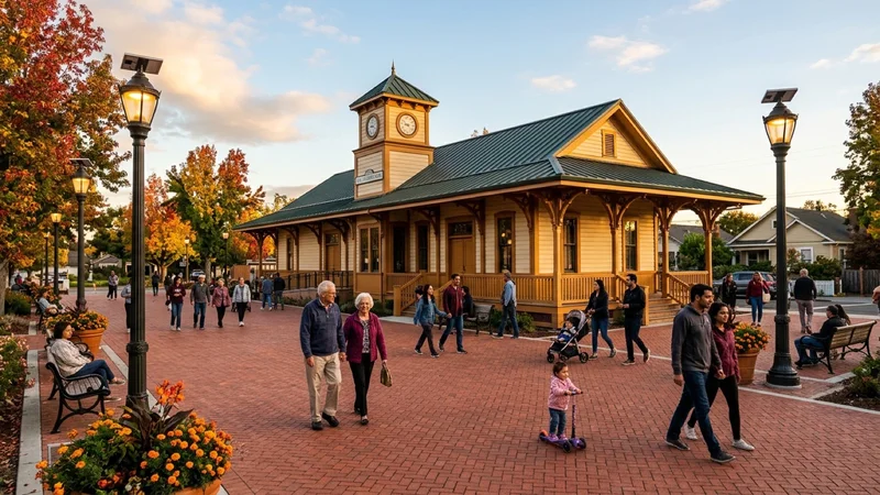 Community members strolling across a permeable brick plaza with Victorian-style solar LED streetlamps in front of a restored nineteenth-century redwood building with a wrap-around porch at Old Alvarado Park in Union City