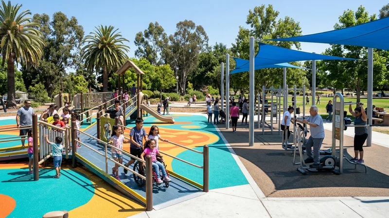 Families and children playing on a colorful ramped inclusive playground with poured rubber surfacing next to an outdoor adult fitness court under UV shade sails at Silliman Park in Newark