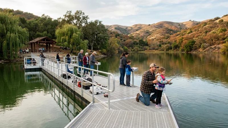 Anglers and families on an accessible aluminum floating fishing dock and redwood shoreline picnic arbor overlooking a calm canyon lake surrounded by wooded hills at Cull Canyon in Castro Valley