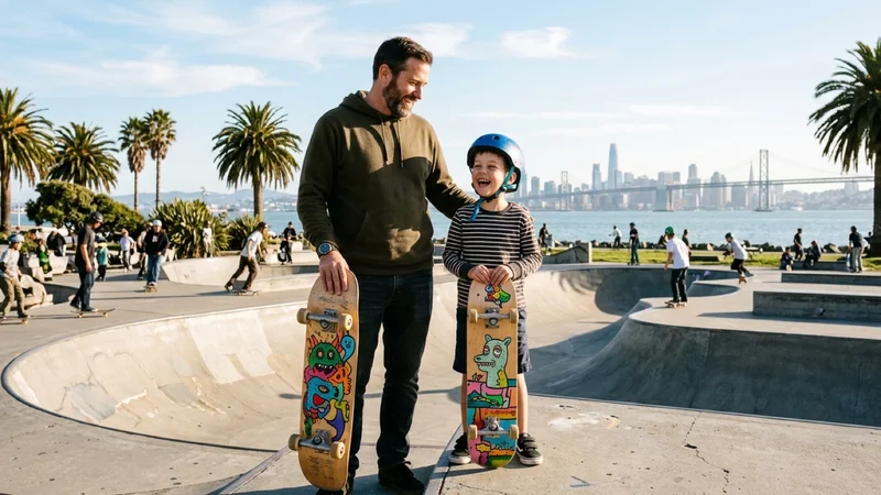 Father and young son at a sunny outdoor concrete skatepark in Alameda holding custom-illustrated graphic skateboard decks