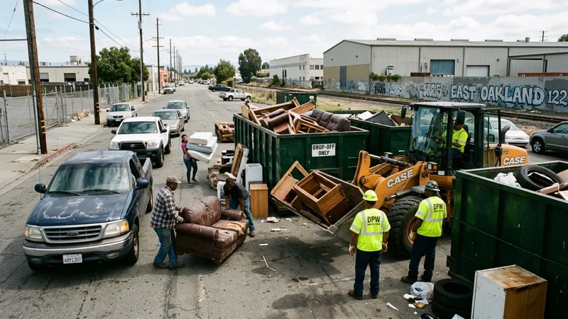 Municipal public works workers in high-visibility vests operating a loader and roll-off dumpsters as cars drop off bulky furniture in East Oakland
