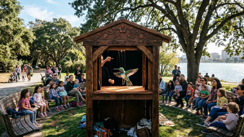 Handcrafted wooden puppet stage at an Oakland lakeside park featuring a painted hummingbird puppet