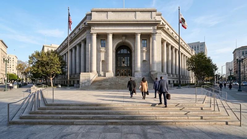 Exterior granite steps and columns of the federal courthouse in downtown Oakland in morning sunlight