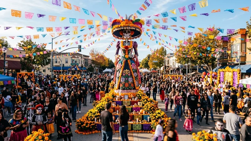 Vibrant Dia de los Muertos plaza in Oakland Fruitvale decorated with marigolds, papel picado, and a tall Catrina sculpture