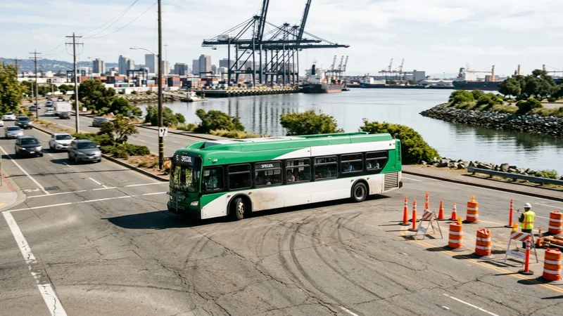 Green-and-white AC Transit bus navigating past orange construction cones along an East Bay corridor