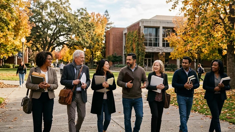 University faculty members walking across a sunlit California State University campus quad