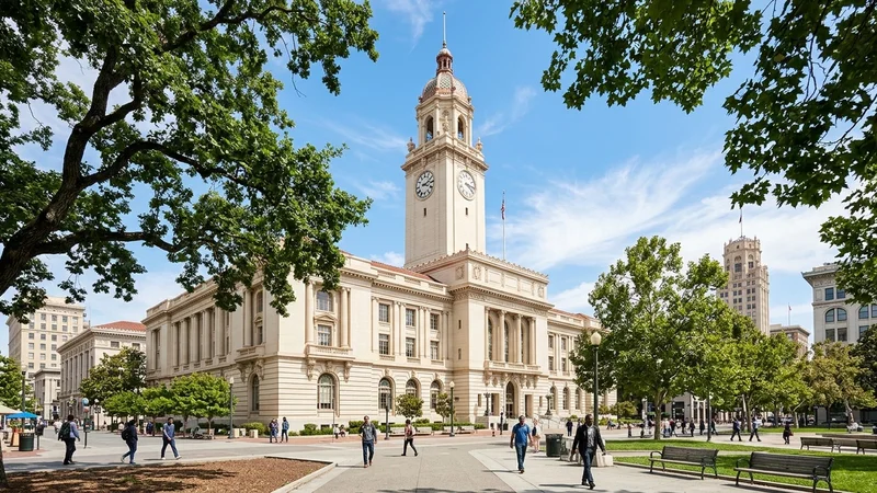Historic clock tower and facade of Oakland City Hall at Frank H. Ogawa Plaza in downtown Oakland, California