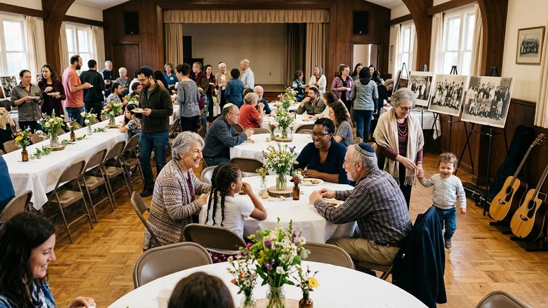 Congregants gathered around banquet tables with live acoustic instruments and archival photographs at Temple Beth Hillel in Richmond