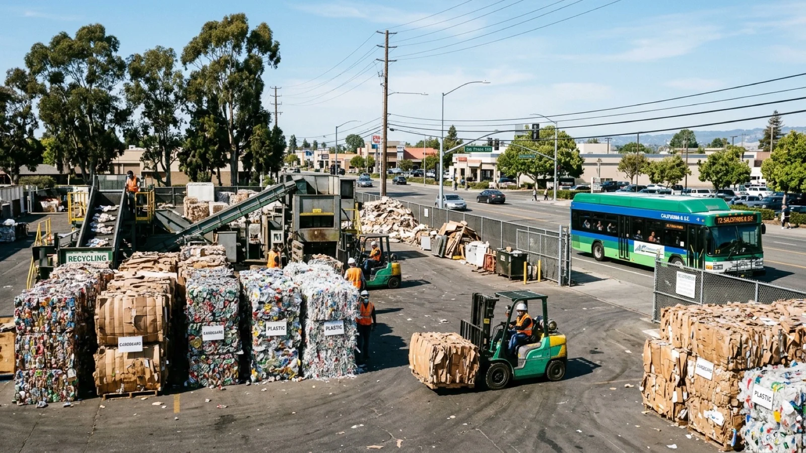 Industrial recycling facility yard in the East Bay with sorted material bales and an AC Transit bus passing along a commercial parkway