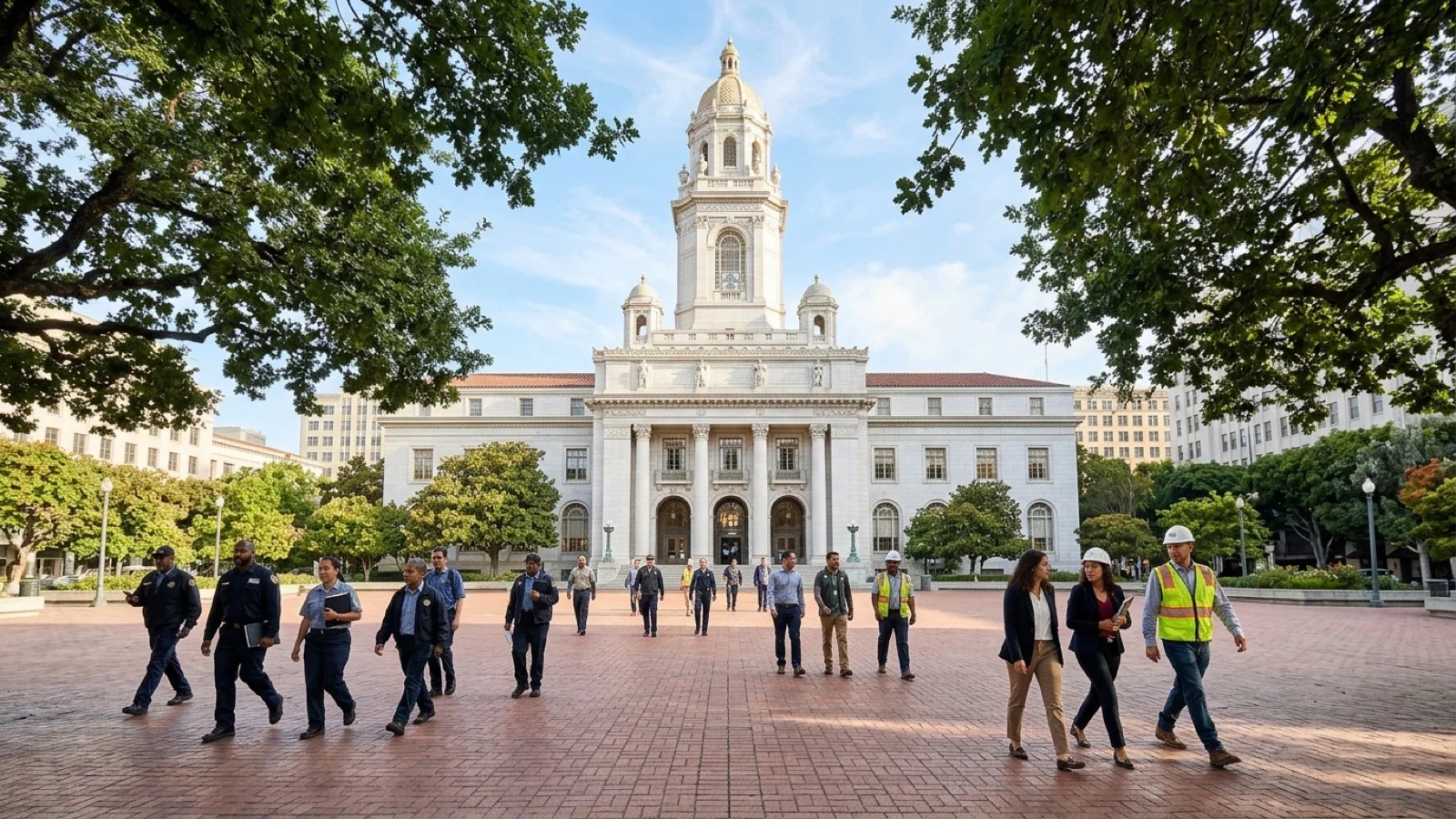 Morning view of historic Oakland City Hall and Frank H. Ogawa Plaza in downtown Oakland with municipal workers walking across the plaza