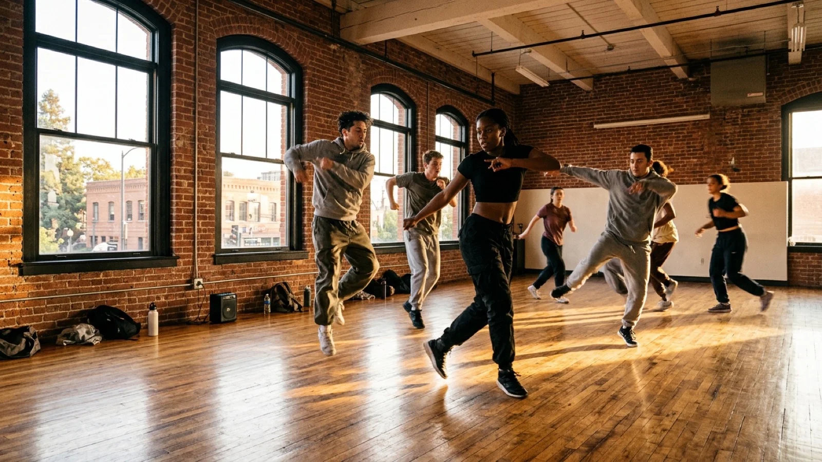 Contemporary street-dance and hip-hop choreography rehearsal inside a sunlit Oakland community arts studio with hardwood floors and brick walls