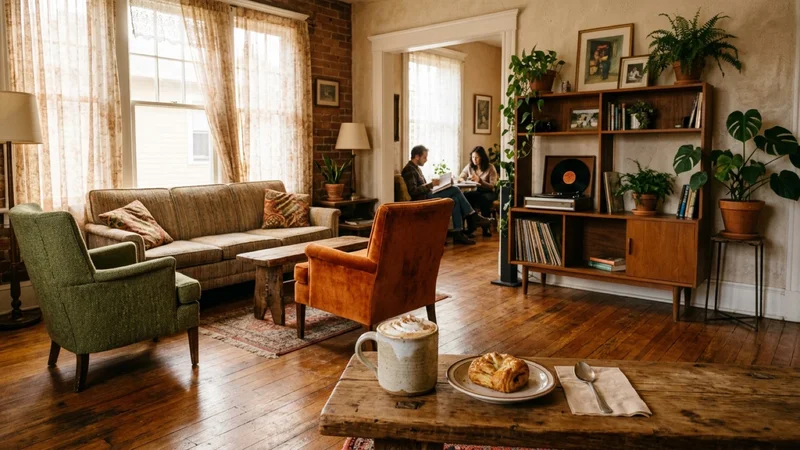 Cozy upstairs cafe lounge in Oakland converted from an apartment with vintage armchairs, warm afternoon light, and a ceramic latte cup