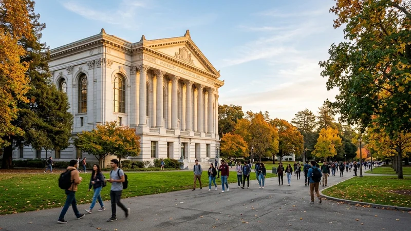 Neoclassical white granite library facade and autumn oak trees along a campus walkway at UC Berkeley